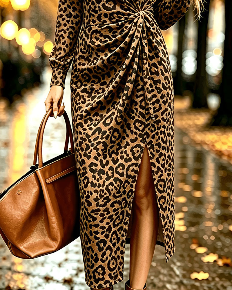 Crew Neck Leopard Slit Dress