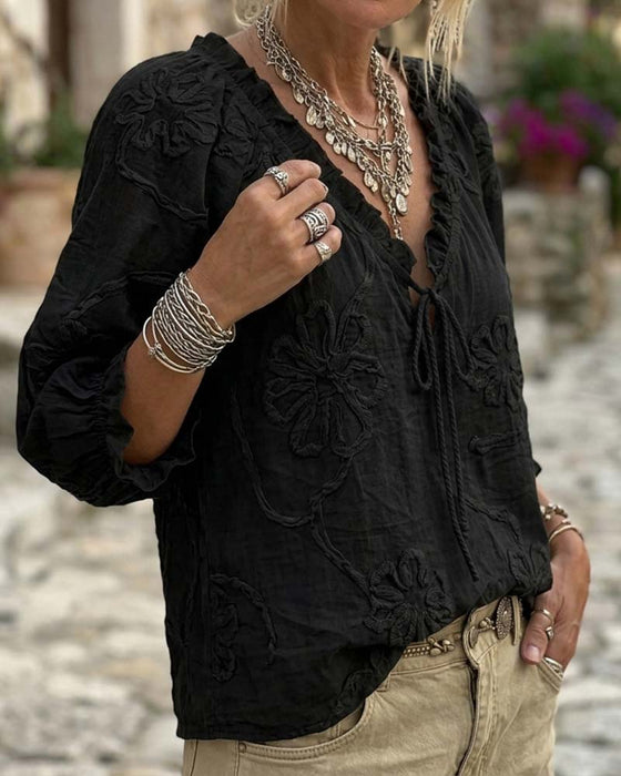 100% Cotton V-Neck Wrap Tie Ruffled Blouse