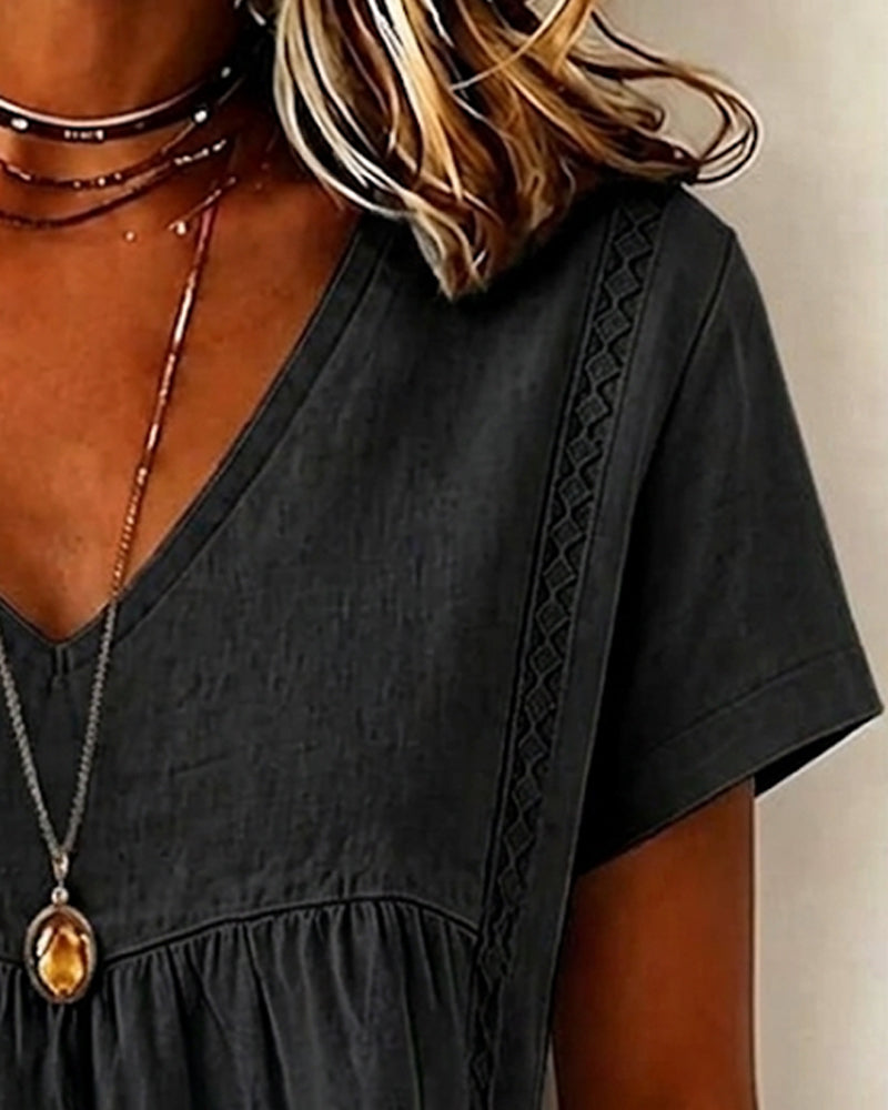 V-Neck Shirred Short Sleeve Blouse
