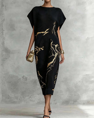 Batwing Short Sleeve Crew Neck Print Long Dress