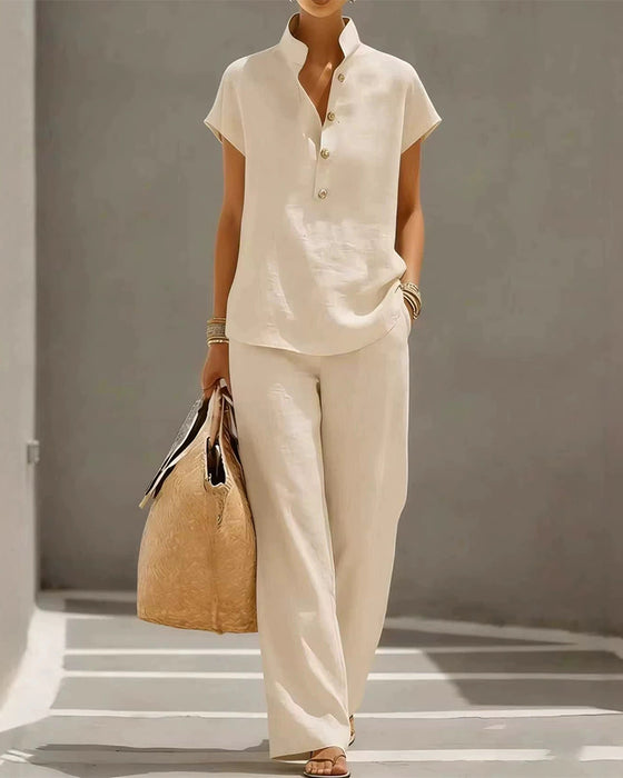 Stand-Collar Button Short-Sleeve And Long Pants Set
