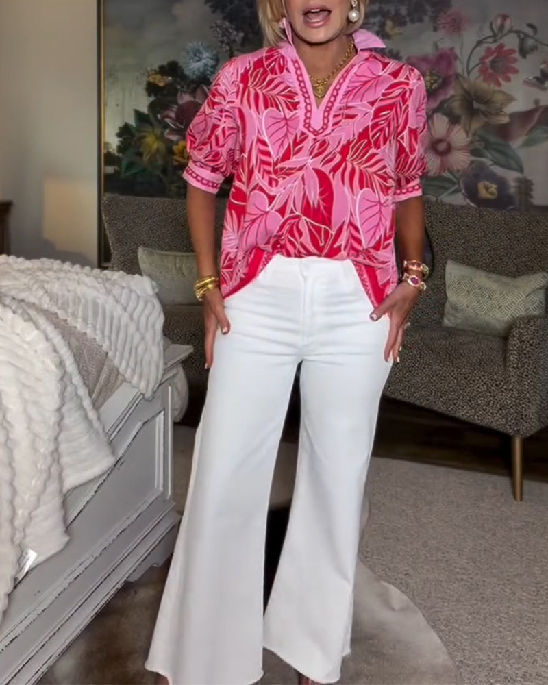 Puff Sleeve Print Peter Pan Collar Shirt