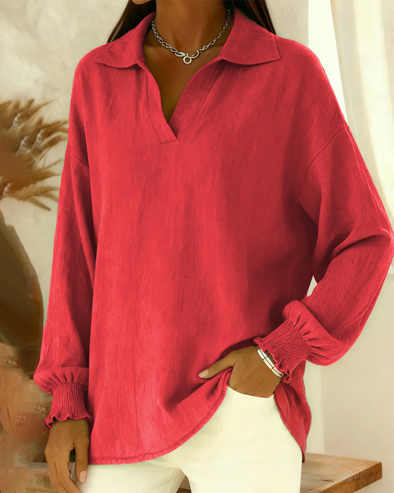 Cotton Lantern Sleeve Collared Solid Color Blouse