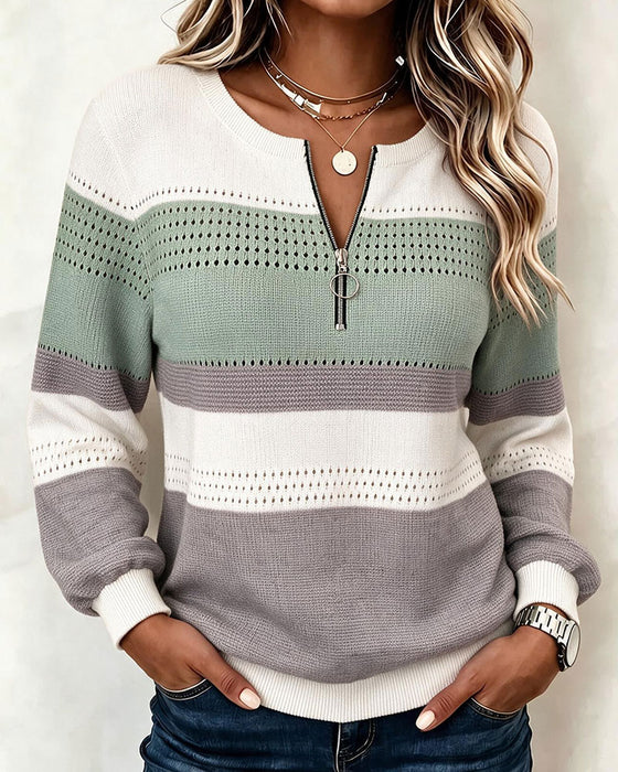 Color-Block Striped Zip Sweatshirt
