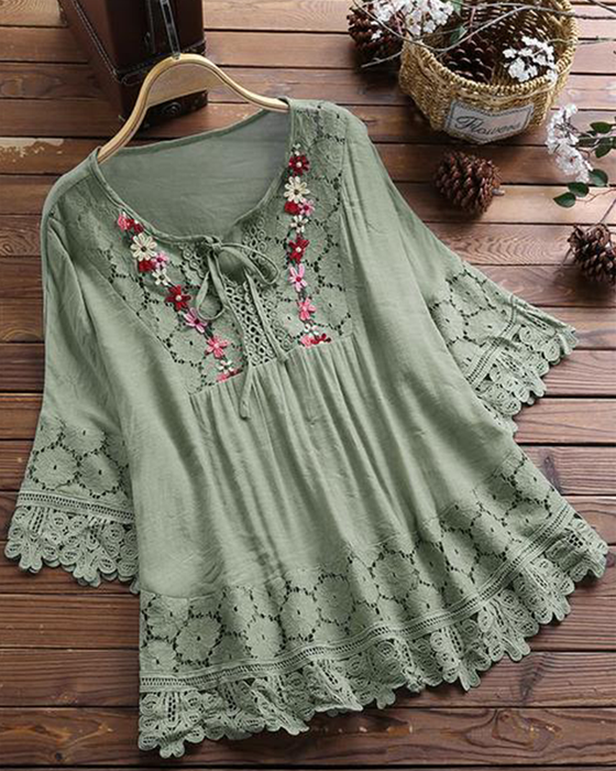 Solid color lace lace hollow blouse