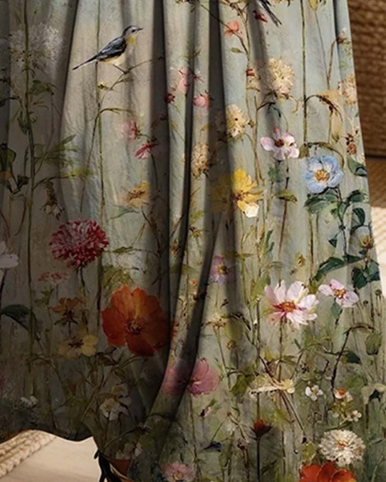 Shirt Collar Floral Denim Patchwork Dress