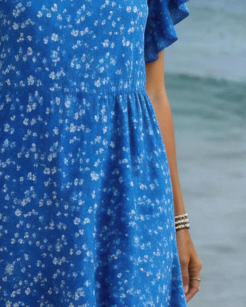 U-Neck Waist Print Flutter Sleeve Dress
