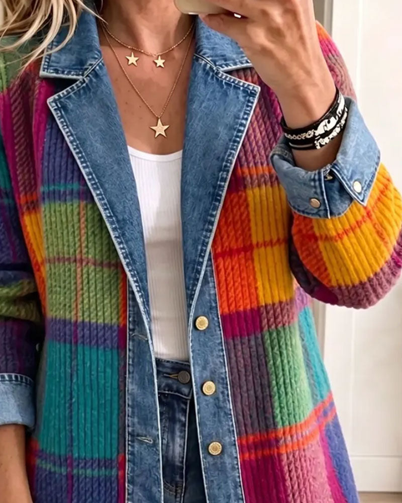 Lapel Collar Button Ribbed Color-Block Denim Patchwork Coat