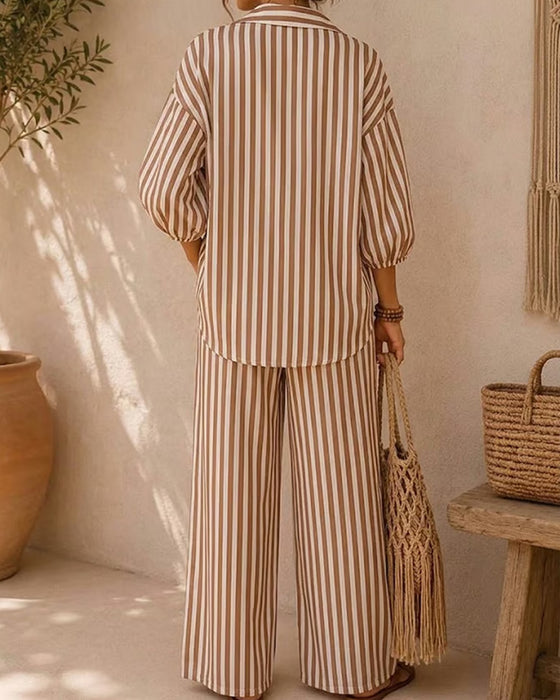 Shirt Collar Stripe Wide Leg Lantern Sleeve Set