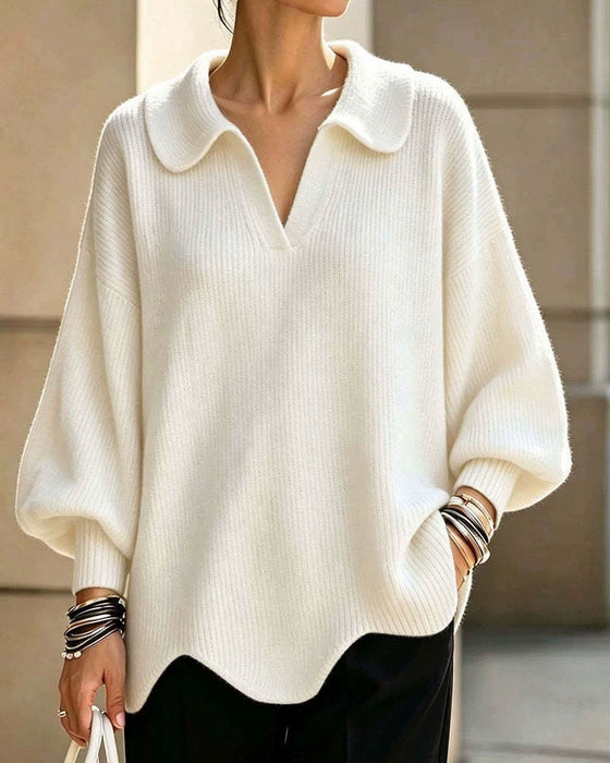 Solid Color Lapel Pullover