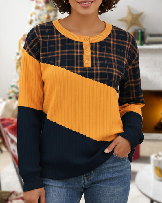 Crew Neck Plaid Color-Block Long-Sleeve Hoodie