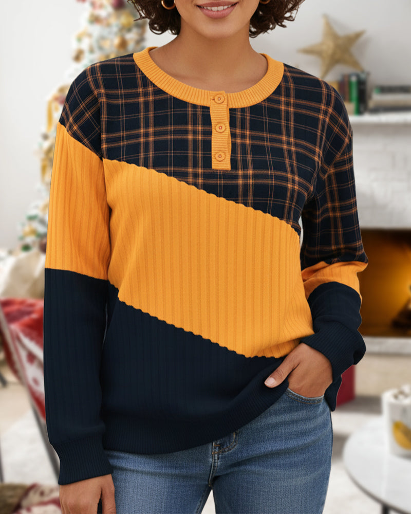 Crew Neck Plaid Color-Block Long-Sleeve Hoodie