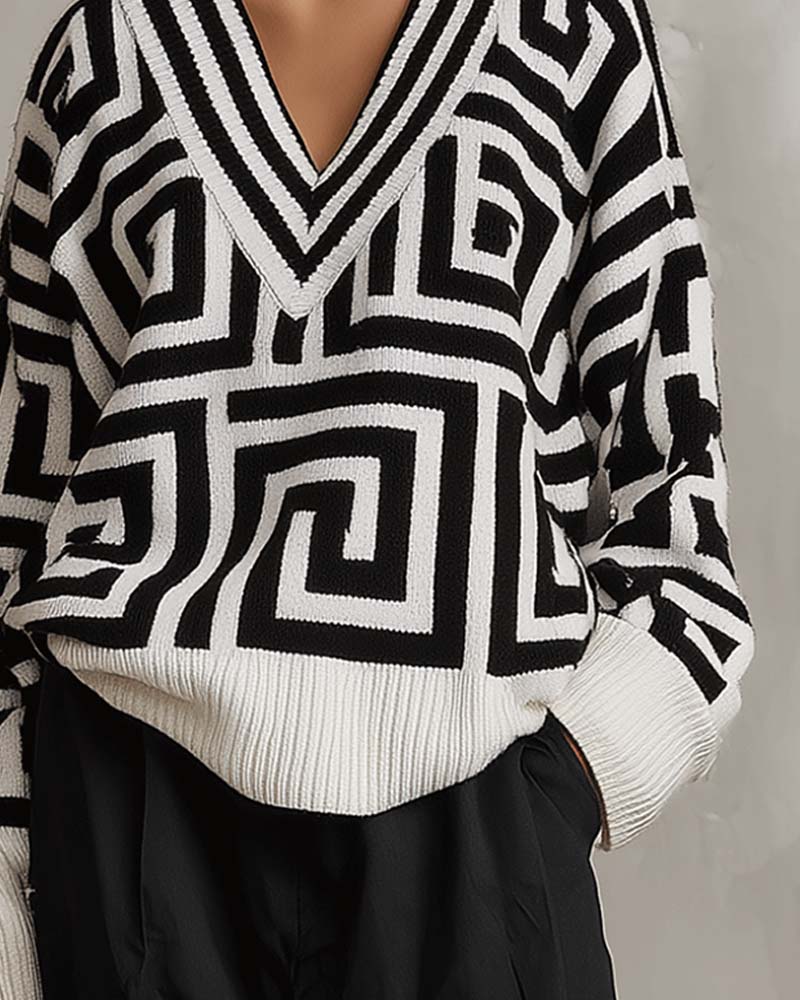 Geometric pattern V-neck knitted Pullovers