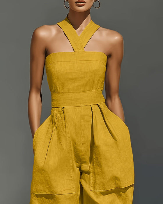 Halter Neck Off-Shoulder Wide-Leg Jumpsuit