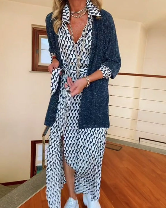 Geometric print lapel slit dress