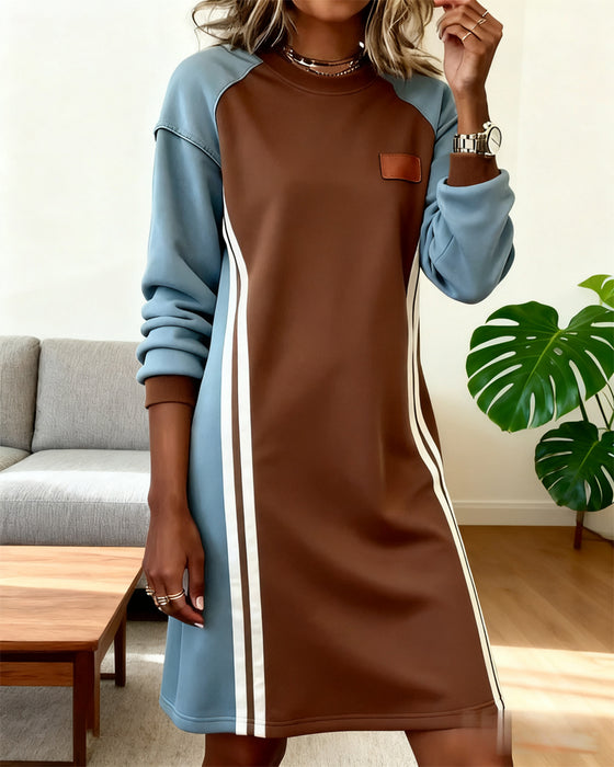 Long-Sleeved Color Block Round Neck Straight Dress