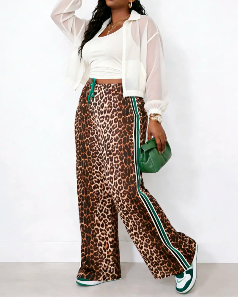 Color-Block Leopard Print Drawstring Straight-Leg Pants