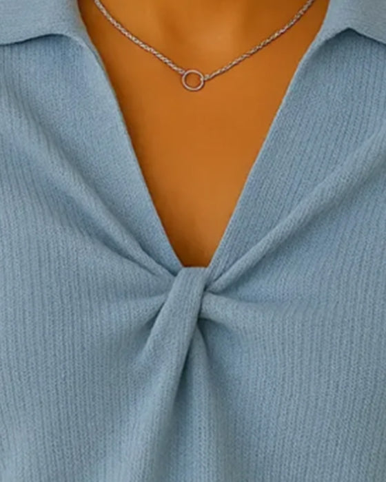 Solid Color Knotted V-Neck Jumper