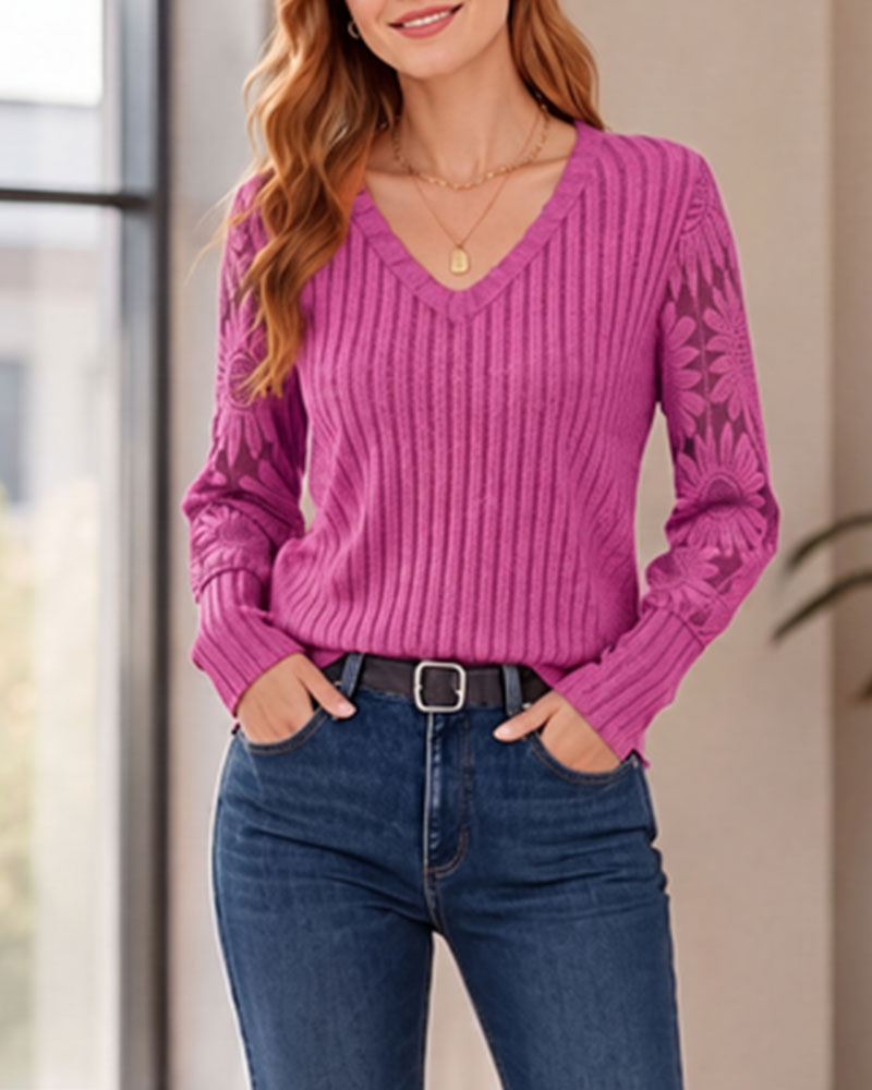 Stylish Lace Trim Patchwork Top