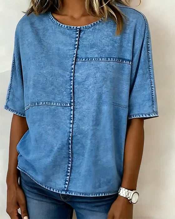 Distressed Denim Short Sleeve Top