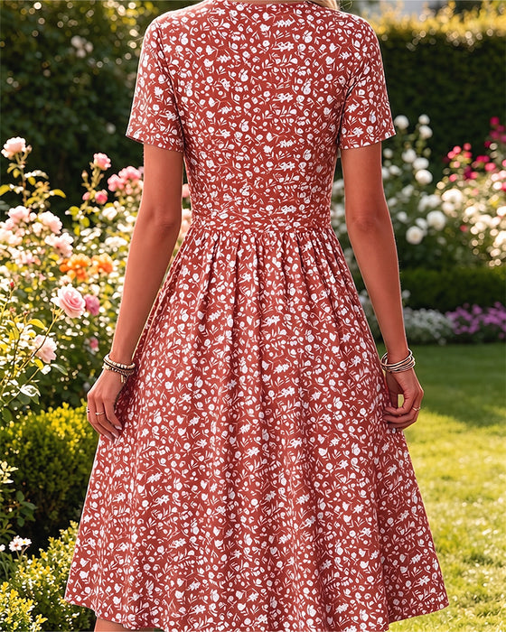 V-Neck Short SleeveTiny Floral Dress