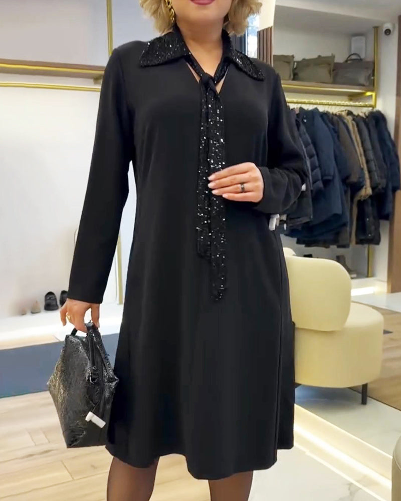 Long-Sleeved Collared Patchwork Dress