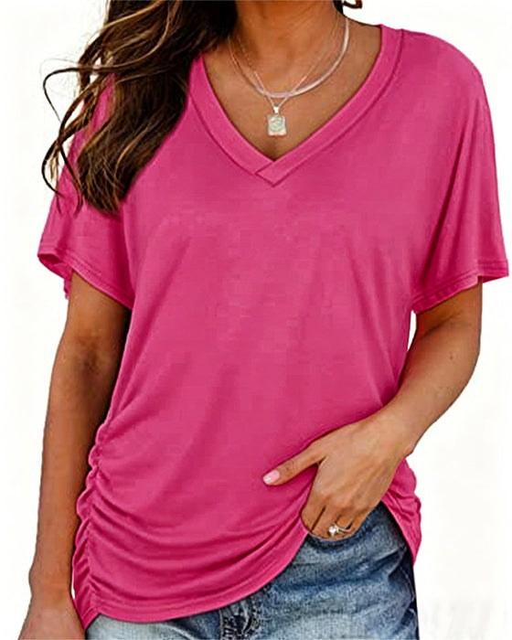 Pleated Solid Color V-Neck T-Shirt