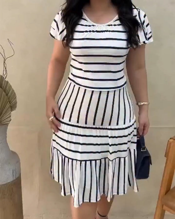 Striped Flutter Sleeve A-Line Dress