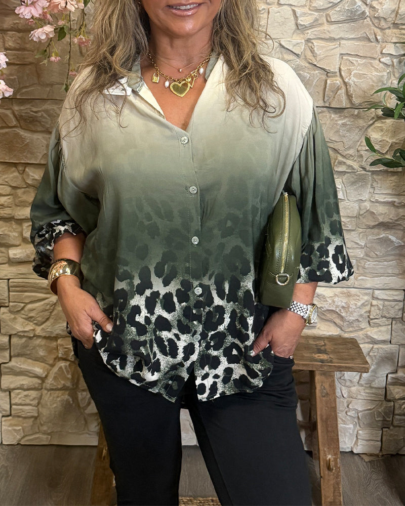 Gradient Leopard Print Long-Sleeve Blouse