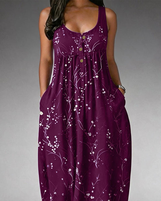 Sleeveless Button Knit Print Dress