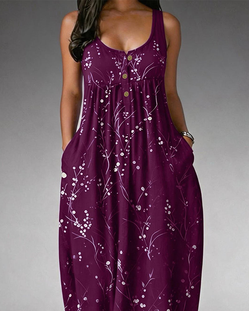 Sleeveless Button Knit Print Dress