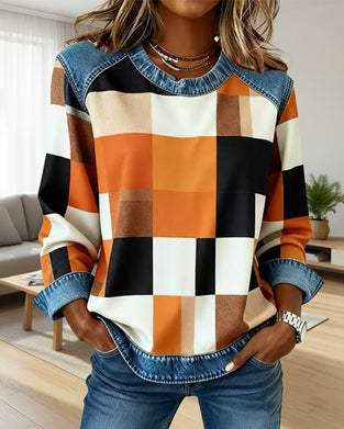 Plaid Patchwork Contrast Color Sweatshirt