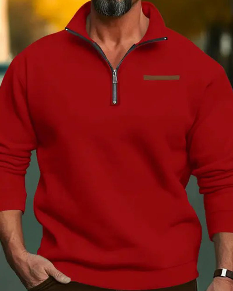 Solid Color Stand Collar Zipper Sweatshirt