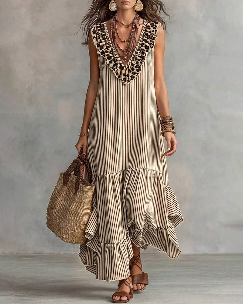 V-Neck Striped Leopard Sleeveless Tiered Dress