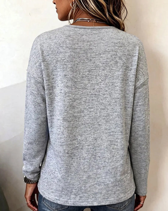 V-Neck Button Draped Loose Fit Sweatshirt