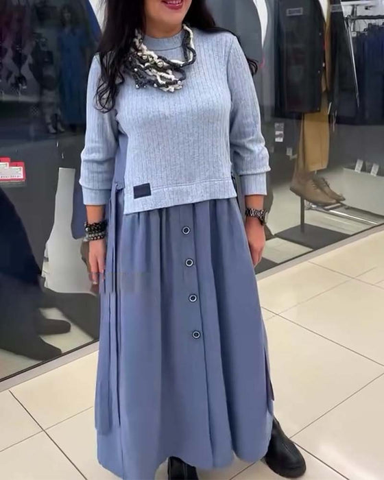 Casual Color-Blocked Round Neck Dress