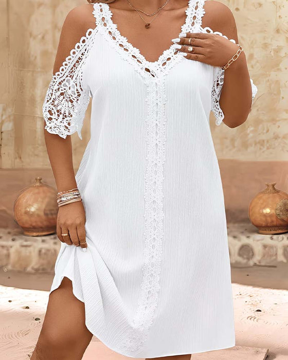 V-Neck Lace Off-Shoulder Mini Dress