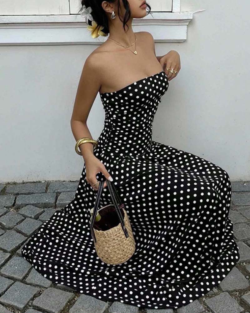 Polka Dot Bandeau A Line Long Dress