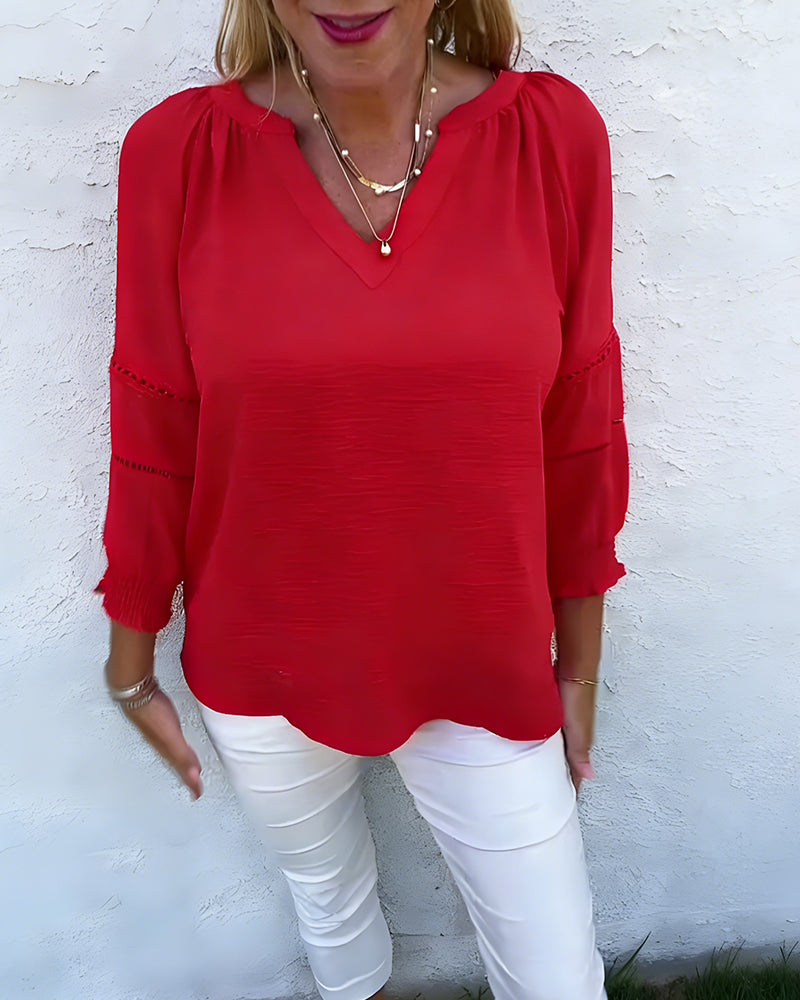 Three-Quarter Sleeve V-Neck Loose Top