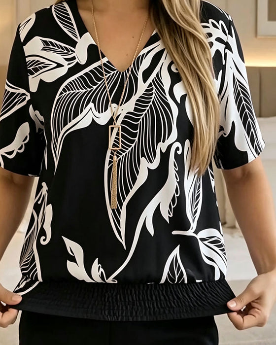 Floral Print Elastic Hem Short Sleeve Blouse