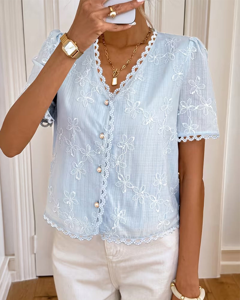 French V-Neck Scalloped Edge Blouse