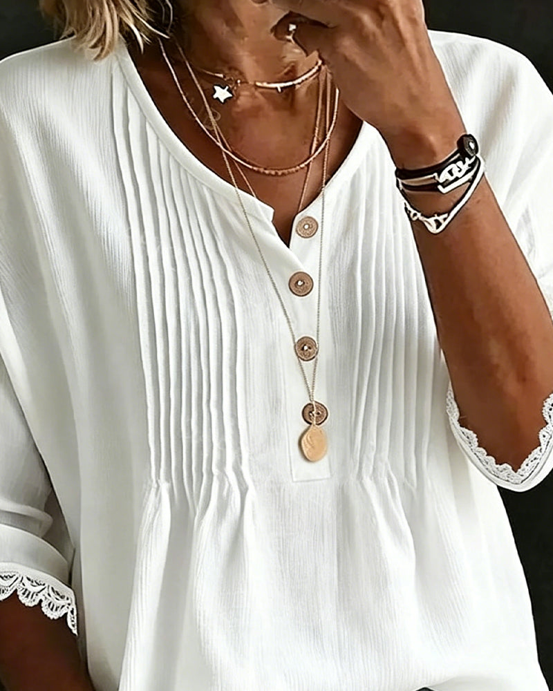 Pleated Button Lace Trim Blouse