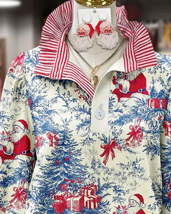 Lapel Button Striped Christmas Style Shirt