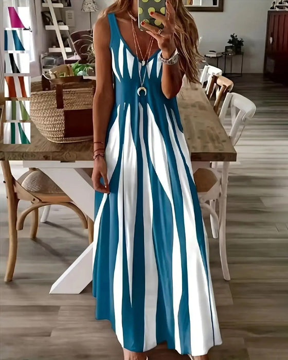 Striped Patchwork Suspender V-Neck Dress
