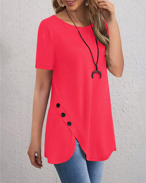 Button Decor Petal Hem T-Shirt