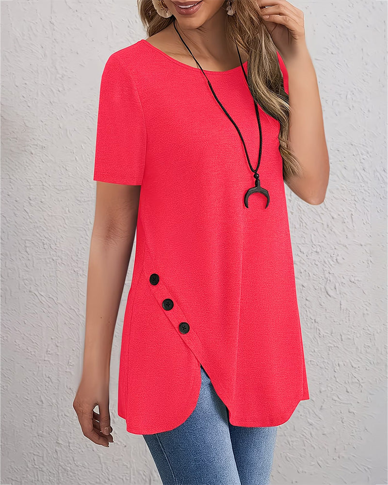 Button Decor Petal Hem T-Shirt
