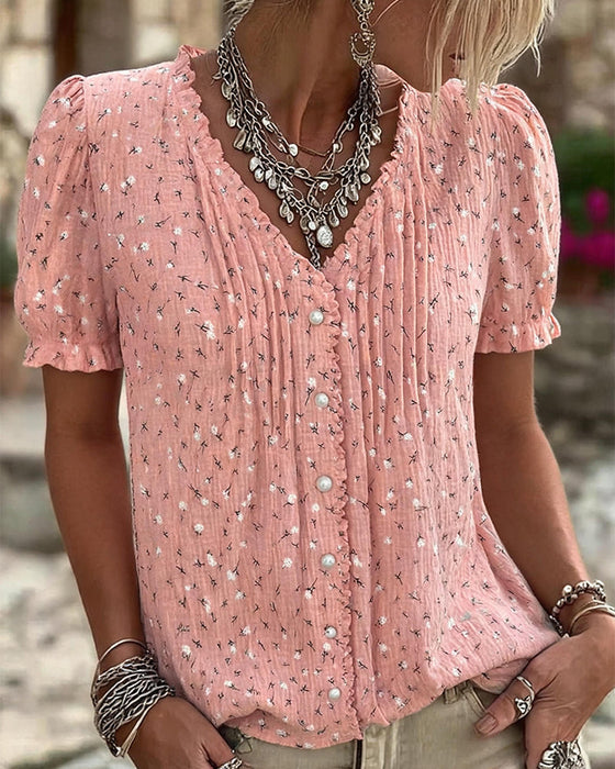 Puff Sleeve Floral Print Short-Sleeve Blouse