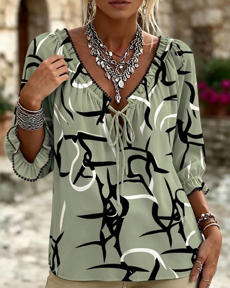 Abstract Print V-Neck Lace-Up Blouse