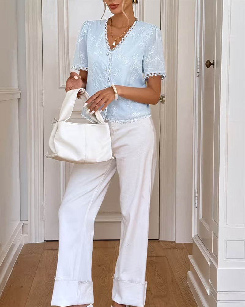 French V-Neck Scalloped Edge Blouse