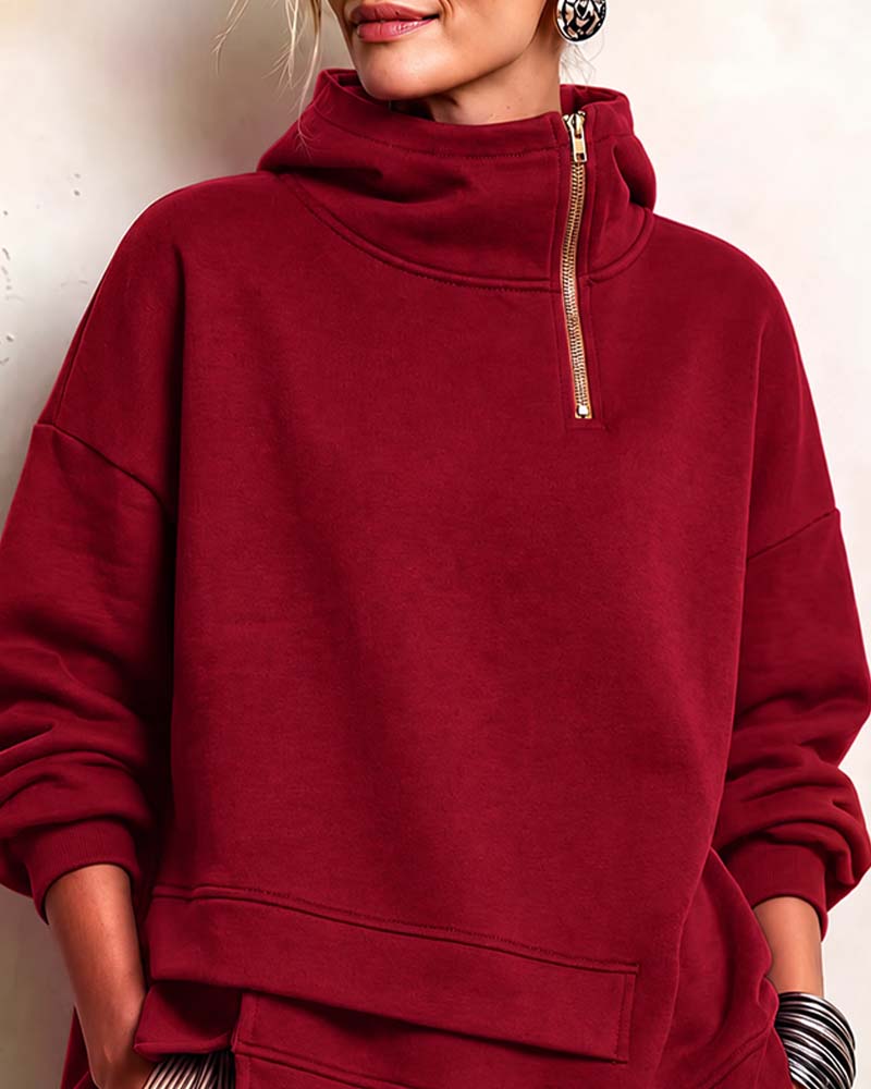 Turtleneck Zip Irregular Sweatshirt
